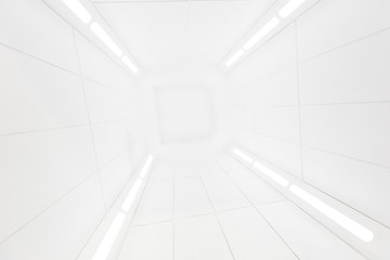Spaceship interior center view with bright white texture, futuristic interior corridor, space ship, Futuristic architecture,