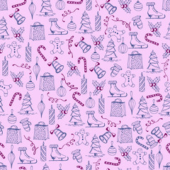 Christmas seamless texture with the Christmas objects made in the hand painted style.