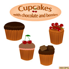 Dessert. Cupcakes with chocolate. Fruit cupcakes with berries.  Vector illustration.