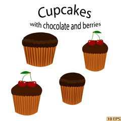 Dessert. Cupcakes with chocolate. Fruit cupcakes with berries.  Vector illustration.