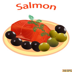 Salmon. Fish. Steak salmon isolated on white background. steak fish in realistic style. Fillet. Sea food product design. Vector illustration.