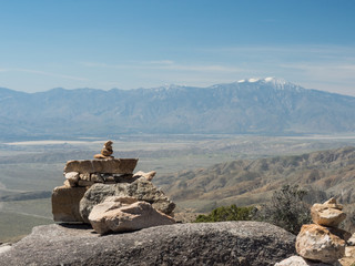 Balanced stacked rocks with San Jacinto Peak in background, Joshua Tree National Park