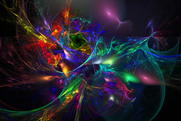 Neon swirl. Abstract rainbow smoky shapes on black background. Fantasy colorful fractal texture. 3D rendering.