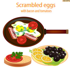 Scrambled eggs with bacon.  Fried eggs with bacon, tomatoes and green vegetable close-up. Vector illustration for recipe, menu restaurant, kitchen interior design. 