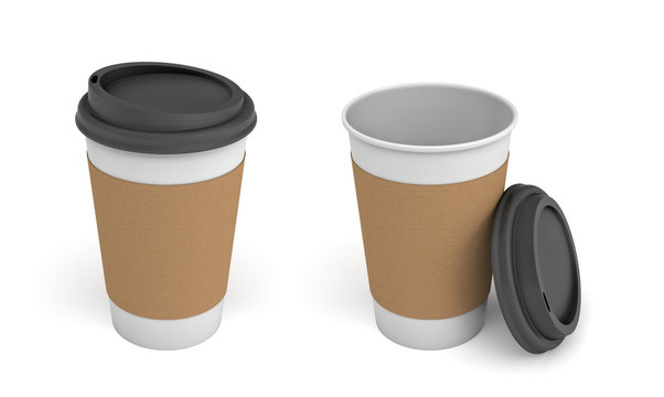 3d rendering of two white paper coffee cups with brown stripes and black lids, one closed and one open.