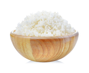 rice in wood bowl on white background