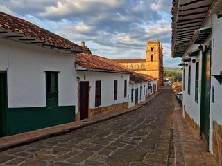 Historical colonial street and cathedral in Barichara, Colombia, South America