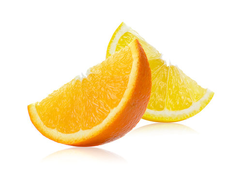 Fresh orange and lemon slices isolated on white background