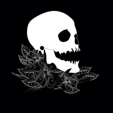 Monochrome sketch of skull and flowers stock vector illustration