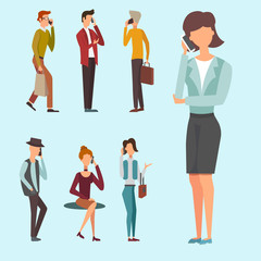 Obraz premium Trendy flat people with phone gadgets group characters using hi tech technology vector illustration.