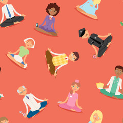 Meditation yoga people relaxation procedure different professions healthy lifestyle characters vector seamless pattern background .