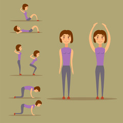 Young woman is exercising at home fitness character workout healthy living and diet concept vector illustration.