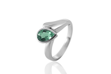emerald ring , classic gemstone band in gold with diamonds and jade 