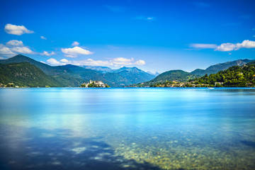 Fototapeta premium Orta Lake landscape. Orta San Giulio village and island Isola S.Giulio view, Italy