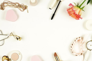 woman trendy fashion accessories and cosmetics arrangement on white background. flat lay, top view.copy space
