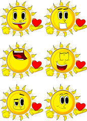 Cartoon sun holding red heart in his hand. Collection with happy faces. Expressions vector set.