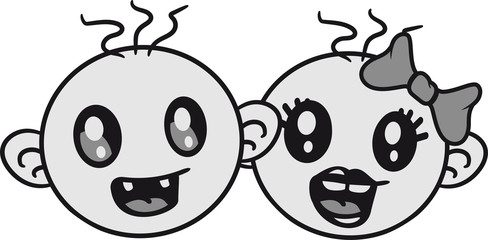 gesichter köpfe 2 zwillinge geschwister kinder paar team freunde schwester bruder mädchen frau weiblich girl hübsch schön lachen sitzend klein süß niedlich windel kind baby comic cartoon