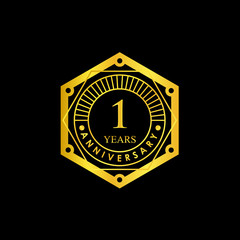 Logo badge Anniversary Black and Gold 1 Years. logo Vector illustration
