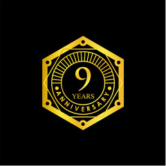 Logo badge Anniversary Black and Gold 9 Years. logo Vector illustration