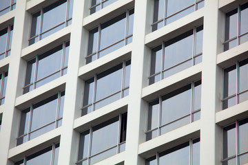 The pattern of blue windows at the building