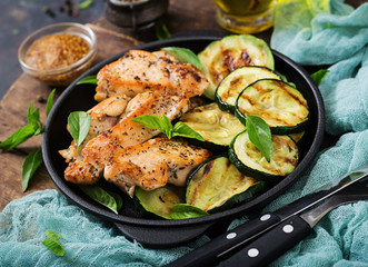 Chicken fillet with zucchini cooked on grill.