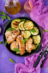 Chicken fillet with zucchini cooked on grill. Flat lay. Top view