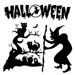 Halloween.Silhouette witch in a cemetery near a tree where black cats sit, on white background,
