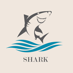 Icon of Smiling shark with sea waves. Creative vector symbol of fishing club or fishing shop.  