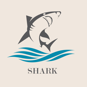 Icon of Smiling shark with sea waves. Creative vector symbol of fishing club or fishing shop.  