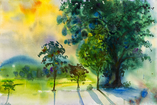 Watercolor landscape original painting colorful of rice field