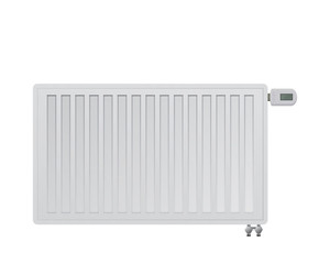 Steel panel radiator. Electronic thermal head. Bottom right side connection to the heating system.