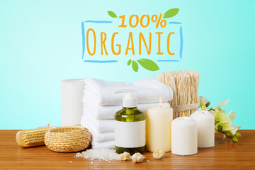 Composition of spa treatment on wooden table