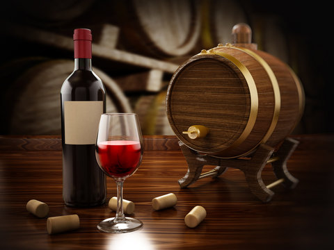 Wine bottle, corks, glasses and barrel. 3D illustration