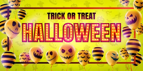 Halloween concept with Halloween Ghost Balloons.Scary air balloons and Retro light sign for Halloween.Flyer or invitation template,Brochures,Poster or Banner.Vector illustration EPS10