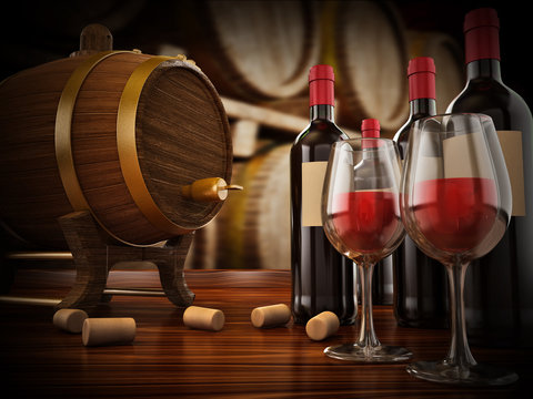 Wine bottle, corks, glasses and barrel. 3D illustration