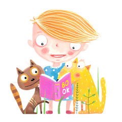 Girl Cat and Dog Reading Book