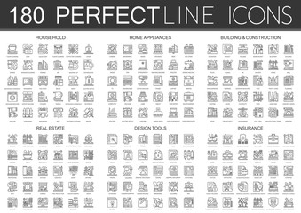 180 outline mini concept infographic symbol icons of household, home appliances, building construction, real estate, design tools, insurance.