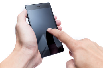 Male hand hold smartphone with finger touch screen black isolated on white background