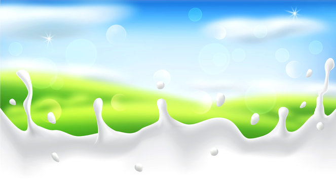 Vector abstract background with blur and a milk splash. Green grass, sky, clouds, sun. Template for modern design, advertising.