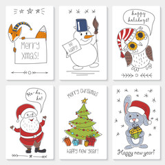 Vector illustration of white paper cards with animals, Christmas tree and Santa Claus with greetings. New Year Christmas postcards.