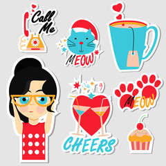 Set of stickers, pins, patches and badges vector illustration. Planner stickers. Flat design cute stickers for mobile messages, chat, social media, online communication, networking, web design