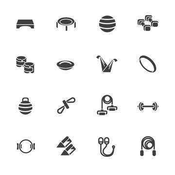 Icons of accessories and equipment for body workout in glyph style / There is fitness, crossfit and individual workout equipment
