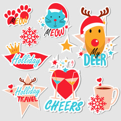 Set of stickers, pins, patches and badges vector illustration. Planner stickers. Flat design cute stickers for mobile messages, chat, social media, online communication, networking, web design