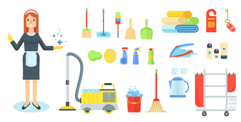 Maid flat vector character. Girl, woman in uniform with cleaning supplies and vacuum cleaner. Cleaning service of hotels and houses. Cartoon illustration. Objects isolated on a white background.