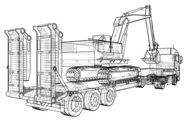 Low bed Truck Trailer and excavator. Wire-frame. EPS10 format. Vector created of 3d.