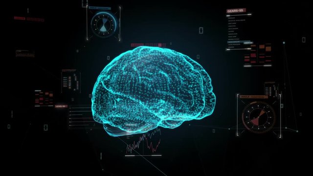 Dots connected digital Brain, digital lines in digital display interface, grow future artificial intelligence.