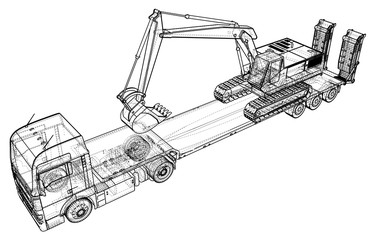 Low bed Truck Trailer and excavator. Abstract drawing. Tracing illustration of 3d