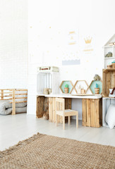 Girl's room with wooden furniture