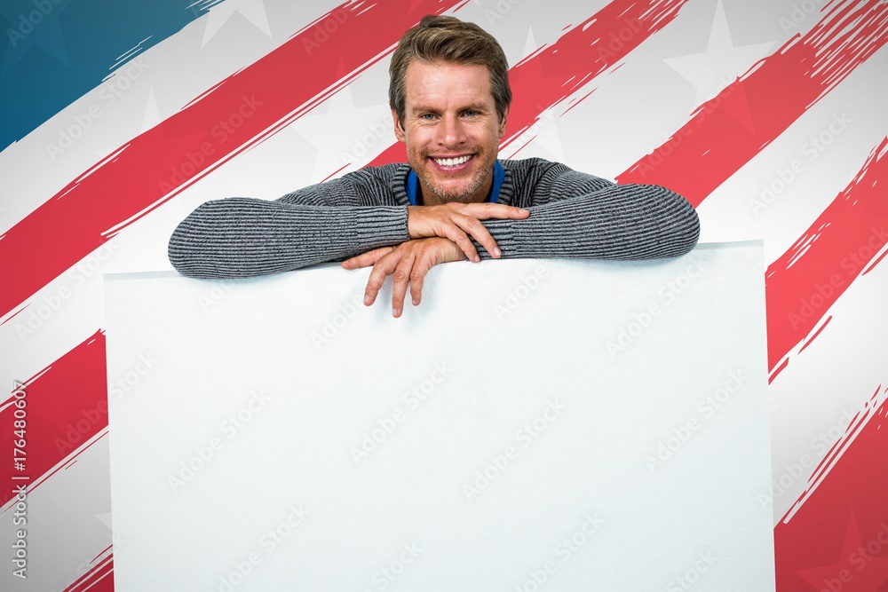 Poster composite image of smiling man on table against white background