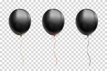 Black flying balloon with ribbons of gold, red, black on a transparent background